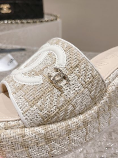 Chanel summer classic beige double c design stylish and comfortable slippers front 3cm back 7cm - Image 6