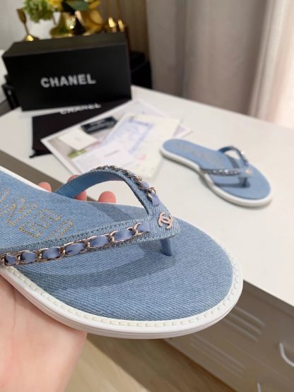 Chanel Spring New Denim Blue Chain Flip Flops - Image 6