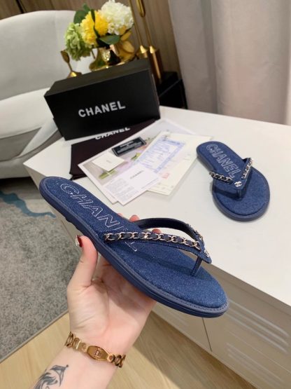 Chanel Spring New Dark Blue Chain Flip-Flops - Image 6
