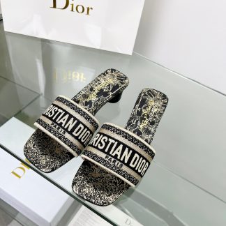 Dior ladies' monogram embroidered leather mid-heel sandals
