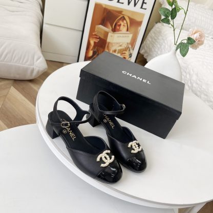 Chanel Spring and Summer Dance Shoes Series New Black with Pearl Sandals - Image 7