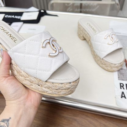 Chanel denim white spring and summer dancing shoes series slimming sandals with a heel height of 6.5cm - Image 7