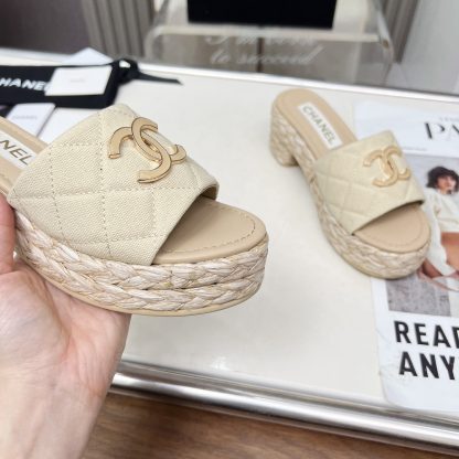 Chanel denim apricot spring and summer dancing shoes series slimming sandals with a heel height of 6.5cm - Image 7