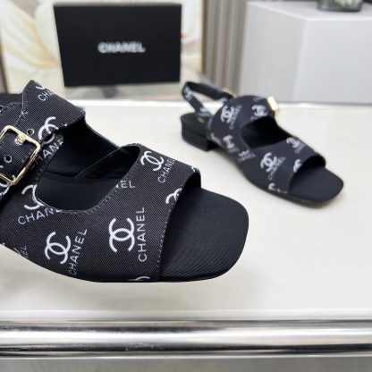 Chanel Spring and Summer Dance Shoes Series New Black Chunky Heel White Printed Sandals Heel Height 2cm - Image 7