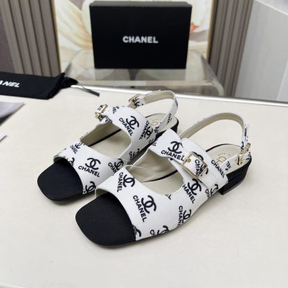 Chanel Spring and Summer Dance Shoes Series New White Chunky Heel Black Print Sandals Heel Height 2cm - Image 7