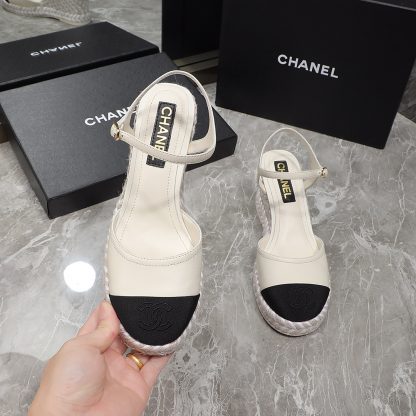 Chanel beige contrast color hemp rope wedge heel fashionable sandals heel height 7cm - Image 7