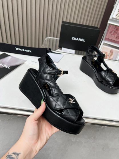 Chanel black platform wedge heel thick-soled summer sandals - Image 6