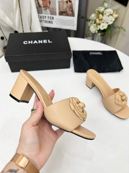 Chanel Apricot Custom Printed Fabric Lambskin Sandals - Image 7