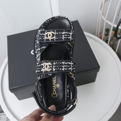 Chanel Temperament Denim Black and White Mixed Color Sandals - Image 7
