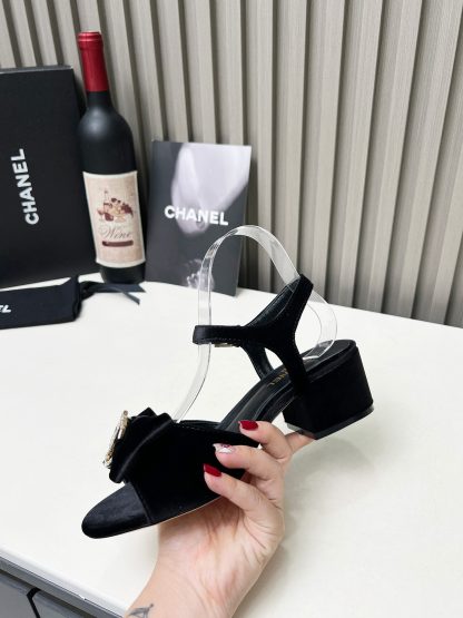 Chanel black velvet material spring and summer celebrity temperament super durable thick heel sandals - Image 6
