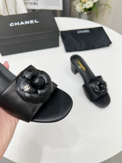 Chanel New Camellia Black Fabric Lambskin Sandals - Image 7