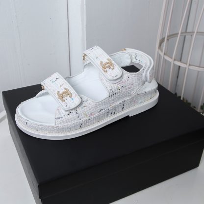 Chanel White Check Design Classic Velcro Sandals - Image 7