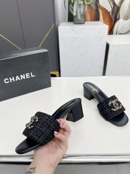 Chanel 2025 new black fabric sheepskin thick heel sandals - Image 7