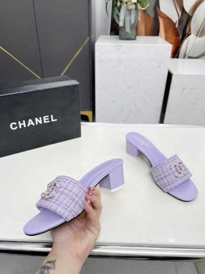 Chanel 2025 new purple fabric sheepskin thick heel sandals - Image 7