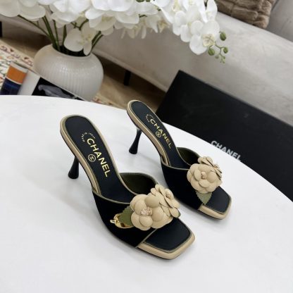 Chanel Spring and Summer Dancing Shoes Series Black Small Square Toe Camellia Stiletto Fashion Sandals - Image 7