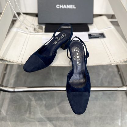 Chanel thick heel square toe color matching dark blue all-match high heel sandals - Image 7