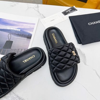 Chanel Spring and Summer Electric Embroidered Diamond-patterned Platform Black Sandals - Image 7