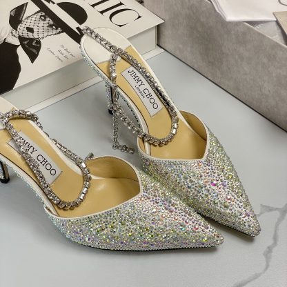 Jimmy Choo Classic Diamond Chain Pointed Crystal High Heel Sandals - Image 7