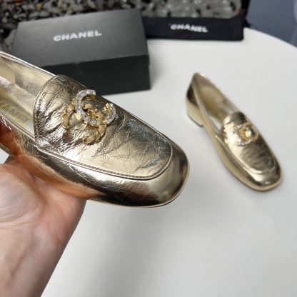 Chanel Early Spring Dance Shoes Series Small Round Toe Slim Gold Loafers - Image 7