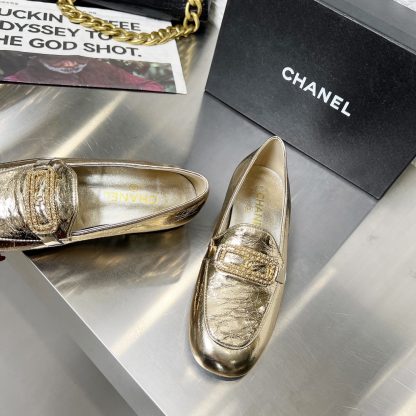 Chanel Early Spring Dance Shoes Series Small Round Head Gold Loafers Heel Height 3cm - Image 6