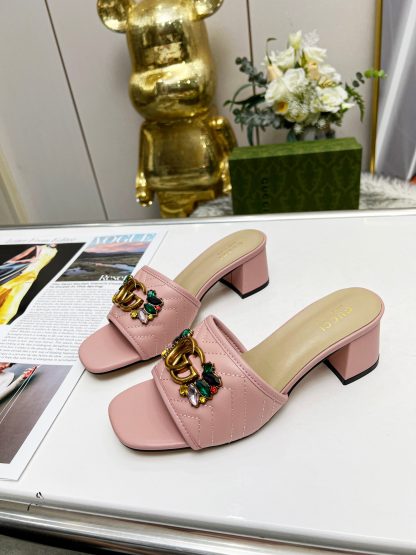 Gucci spring and summer new GG rhinestone buckle round toe thick heel slippers - Image 7