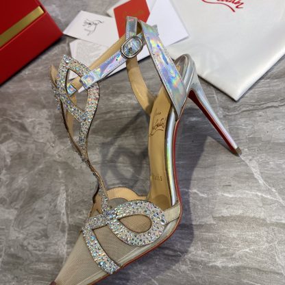 Christian Louboutin Crystal Studded Fine High Heels with Mesh Pointed Toe - Image 7