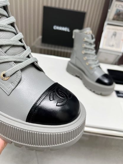 Chanel grey lace-up design non-slip wear-resistant leather boots - Image 7