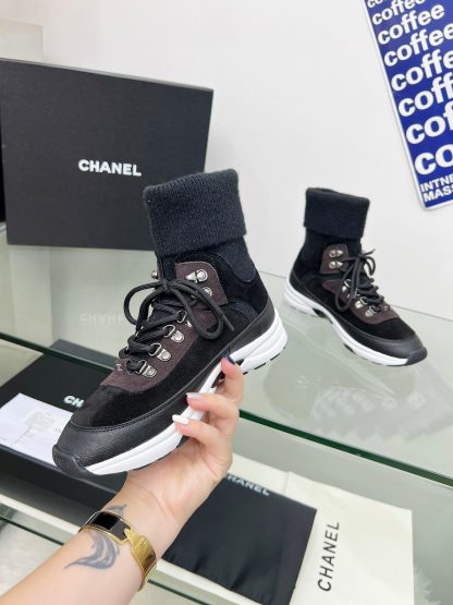 Chanel black and brown mixed socks leather casual sneakers - Image 5