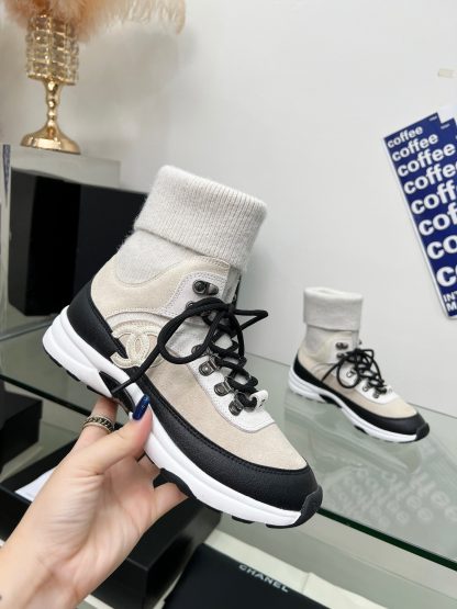 Chanel apricot black mixed socks leather casual sneakers - Image 6
