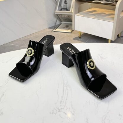 VERSACE shiny patent leather new square toe block heel sandals high heels - Image 7