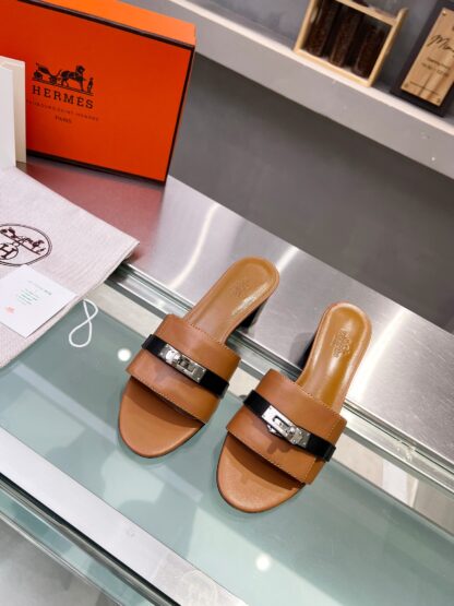 Hermès early spring new pure handmade dark brown thick heel sandals - Image 7
