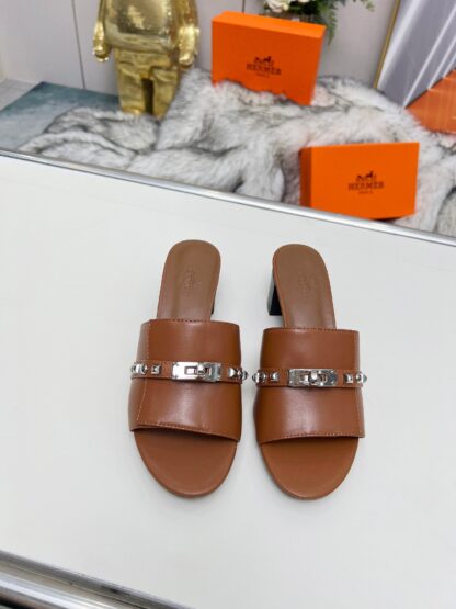 Hermès new spring and summer brown thick-heeled sandals, heel height 5cm - Image 7