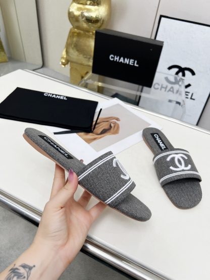Chanel Grey New Fabric Lambskin Slippers - Image 7