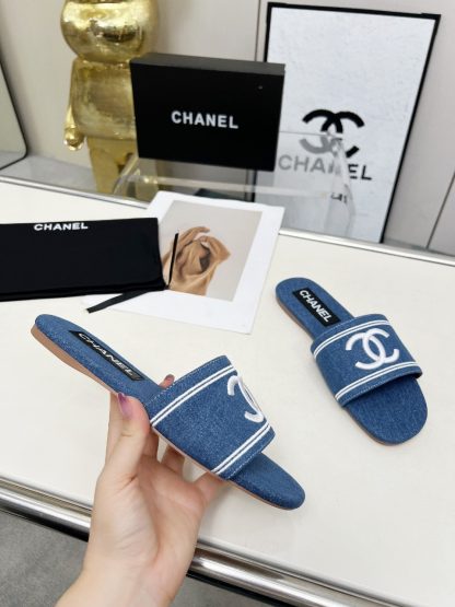 Chanel dark blue new fabric sheepskin slippers - Image 7