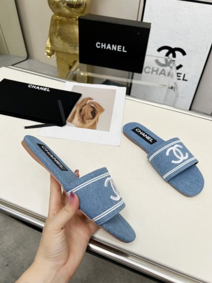 Chanel Light Blue New Fabric Sheepskin Slippers - Image 7