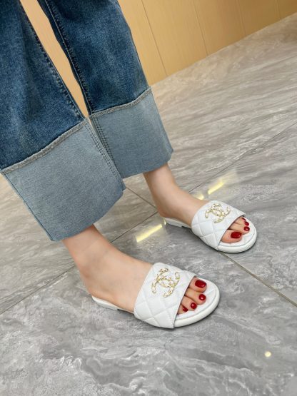 Chanel White New Fabric Lambskin Slippers - Image 7