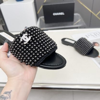 Chanel Spring/Summer Black Dance Shoes Collection Sewn Pearl Vintage Slippers - Image 7