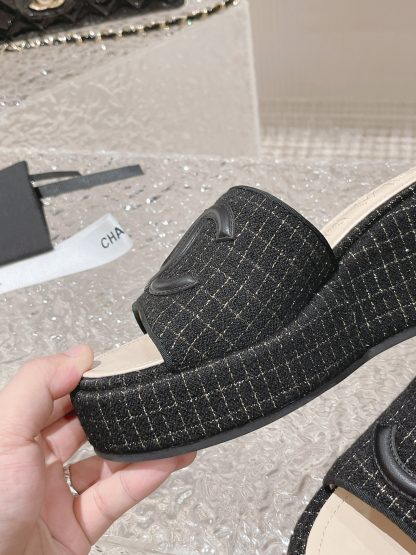 Chanel summer classic black double c design stylish and comfortable slippers front 3cm back 7cm - Image 7