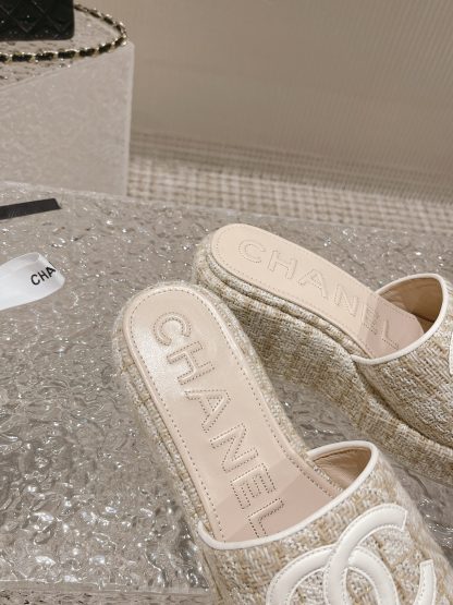 Chanel summer classic beige double c design stylish and comfortable slippers front 3cm back 7cm - Image 7