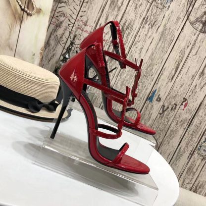 YSL Bright Red Logo Letter Metal Buckle Decorative High Heel Sandals - Image 7
