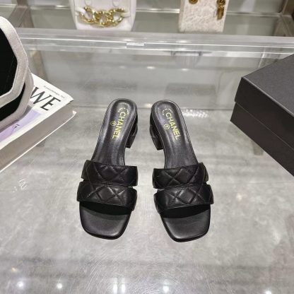Chanel Spring/Summer New Classic Black Mixed Lambskin Sandals Heel Height 5cm - Image 8