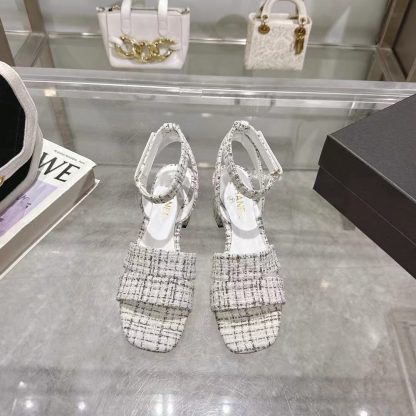 Chanel black and white spring and summer new embroidered Linge classic sandals heel height 5cm - Image 8