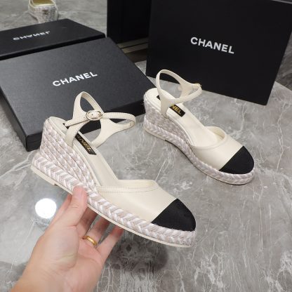 Chanel beige contrast color hemp rope wedge heel fashionable sandals heel height 7cm - Image 8
