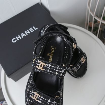 Chanel Temperament Denim Black and White Mixed Color Sandals - Image 8
