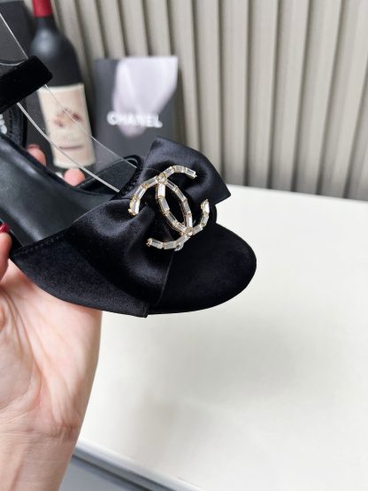 Chanel black velvet material spring and summer celebrity temperament super durable thick heel sandals - Image 7