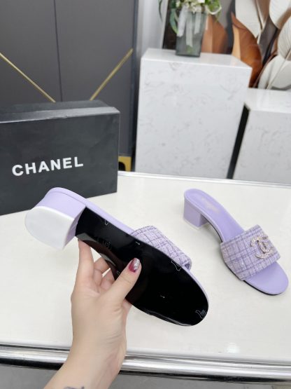Chanel 2025 new purple fabric sheepskin thick heel sandals - Image 8