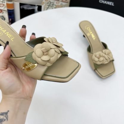 Chanel Spring and Summer Dancing Shoes Series Apricot Small Square Toe Camellia Stiletto Fashion Sandals - Image 8