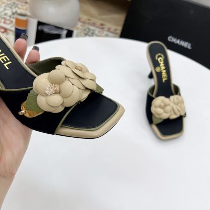 Chanel Spring and Summer Dancing Shoes Series Black Small Square Toe Camellia Stiletto Fashion Sandals - Image 8