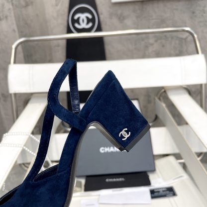Chanel thick heel square toe color matching dark blue all-match high heel sandals - Image 8