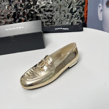 Chanel Early Spring Dance Shoes Series Small Round Toe Slim Gold Loafers - Image 8
